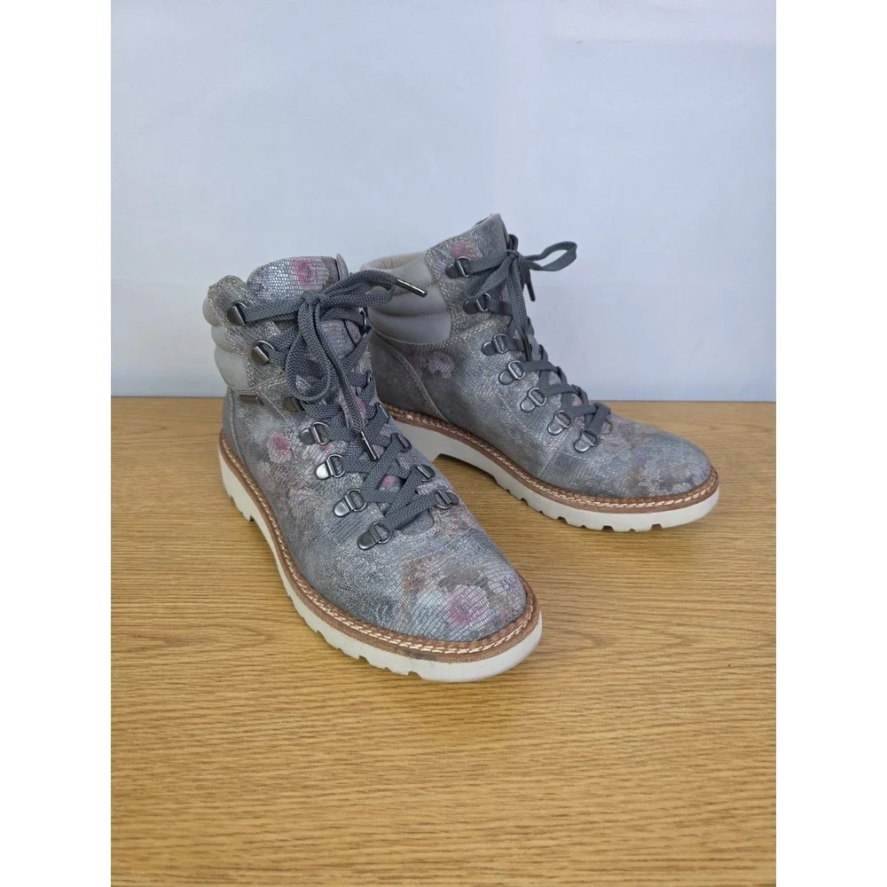 Bionica‎ Women's Dezi Gray Floral Waterproof Leather Lace Up Ankle Boots 8M